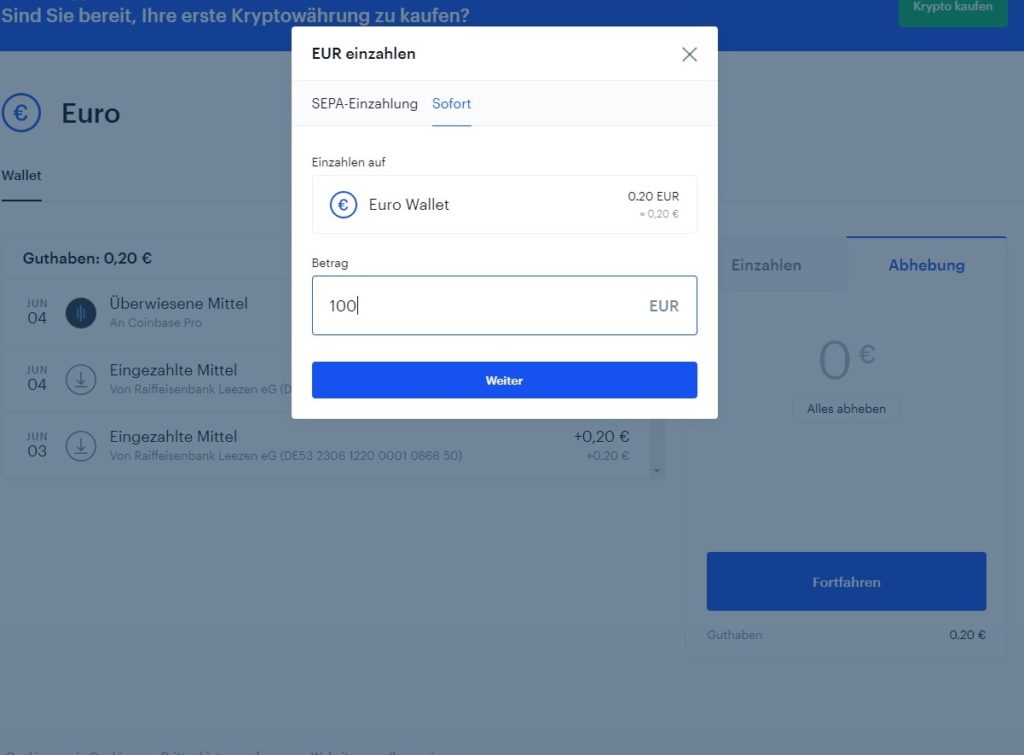 coinbase-geldeinzahlen-sofort-überweisung