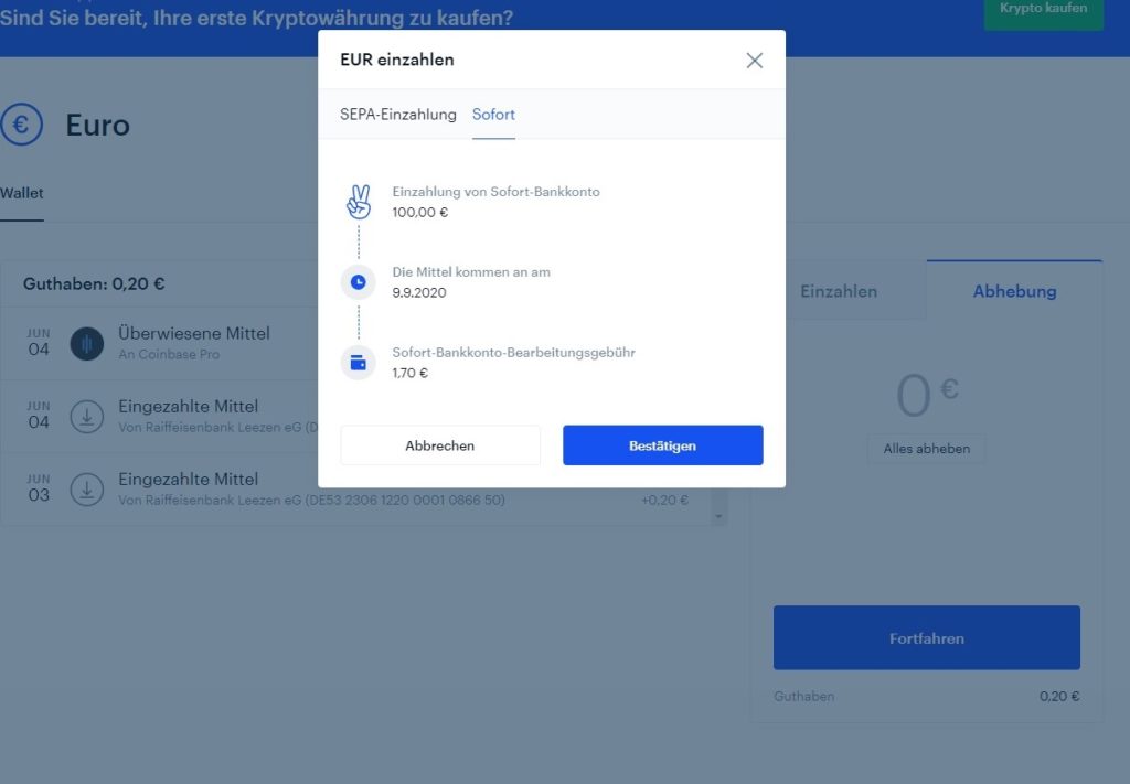 coinbase-geldeinzahlen-sofortüberweisung-gebuehren